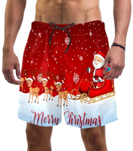 coosun Herren Weihnachten Weihnachtsmann Strand Boardshorts Schnell Trocken Badehose, Weihnachtsmann reitet Schlitten, XL