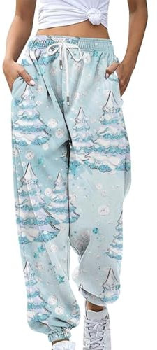Nidddiv Pantalones deportivos de Navidad para mujer, pantalones deportivos holgados para mujer, con bolsillos, estampado de árbol de Navidad, Papá Noel, cintura elástica, pantalones deportivos
