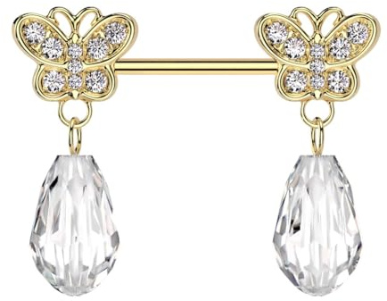 beyoutifulthings Brustwarzen-piercing Gold Silber Schmetterling-e Tropfen-Anhänger Clear Brust-piercing Nippel-piercing Chirurgenstahl Stab 12-mm