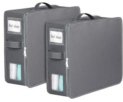 Syeeiex Bed Sheet Organiser and Storage, 2 Pack Foldable Linen Bedding Organiser With Zips and Clear Pvc Window, Closet Bedding Storage Box For King Queen Size Sheet, Duvet Covers Set and Pillowcase