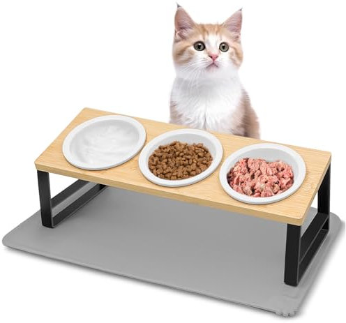 Avmvnvc Katzennapf Erhöht, 3er Set Futternapf Katze aus Keramik, 15° Gekippte Futterstation Katzen Hundenapf mit Metallhalter und Napfunterlage Silikon, Fressnapf und Wassernapf für Katzen und Hunde