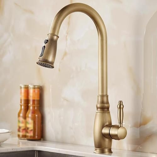 BiaoTeng Küchenarmatur mit Brause Ausziehbar Retro Warm und Kalt Einloch mit 3 Modi Wasserhahn Spüle Küche mit Brause Ausziehbar Antiker