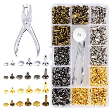 Bieiyhe 180 Pcs Leder Nieten Set mit Zange, Rivet Metallniete Doppelkappe 3 Größen, Hohlnieten Set, Leder Nieten für Kleidung, Ersatz Nieten Jeans, Leather Rivets Double Cap, für Dekoration 4 Colors