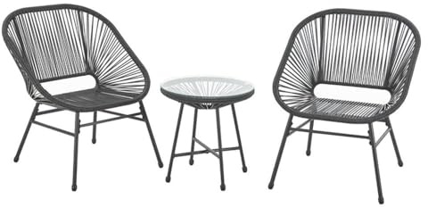 Jack Stonehouse JSH Garden Rattan Bistro Set 3 Piece | Chairs and Table | Patio Rattan Rope Design | Metal Rust Resistant Frame | 5mm Tempered Glass and Wicker | Conservatory Terrace Balcony Black