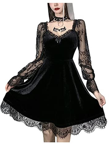 Women's Gothic Lace Short Dress Sexy Long Flare Sleeve V Neck Backless Mini Dress Halloween Velvet Vintage Party Dresses (A-Black, L)