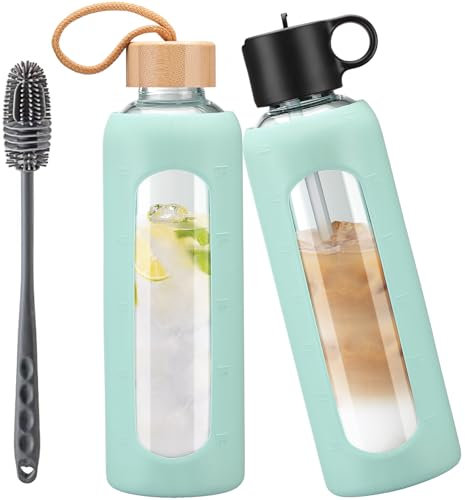 HYDRAGLAZIC 750ml Glass Water Bottle With 2 Lids-Flip Straw Lid, Bamboo Lid, Glass Water Bottle With Silicone Sleeve, Motivational Time Marker, Glass Juice Bottle for Cold Drink,Light Blue