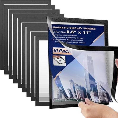 10 Pack A4 Magnetic Sign Holder Self Adhesive Picture Frames Waterproof Poster Display Frame Wall Mount Clear for Office Window Door Fridge Whiteboard, 28 x 22 cm, Black
