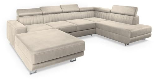 Masseno Ecksofa Siena R-S mit Schlaffunktion U-Form, Sofa mit Bettkasten, Wohnzimmersofa, Couch, Soffa, Bettsofa, Couchgarnitur- Creme, Monolith 04