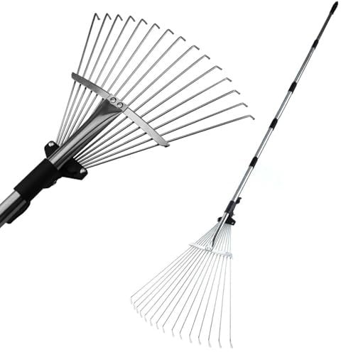 MEETOZ Garden Rake with Telescopic Handle(71IN), Adjustable Hand Leaf Rake for Gardening, Lawn, Yard, Artificial Grass