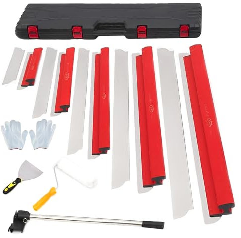 WUDLEP Premium Spachtelset, 5 x Flächenspachtel (200mm, 400mm, 600mm, 800mm, 1000mm), 0,35 mm und 0,5 mm Dicke, Teleskopgriff, Transportkoffer, Spatelsatz für Trockenbau und Verputzarbeiten