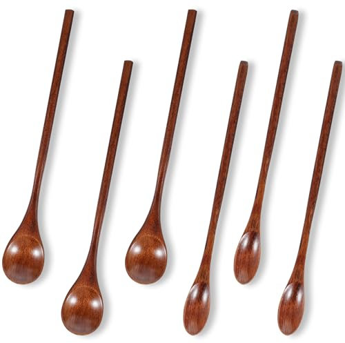 ElevateTech 6Pcs Small Cooking Wooden Spoons, Long Handled Small Soup Stir Smooth Seasoning Honey Tea Coffee Spoons Non-Stick Kitchen Utensil Set Suitable Kitchen Celebration Birthdays GITS