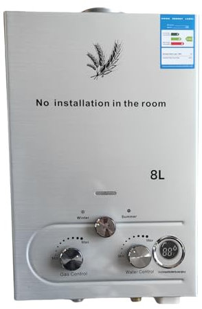 Furvveerr Chauffe-Eau à Gaz Instantané 8LPM 16KW LPG GPL au Butane Propane avec Modes Hiver et Eté,Protection Contre La Surchauffe,Couleur Argent,pour La Maison,ExtéRieur,Camping Car