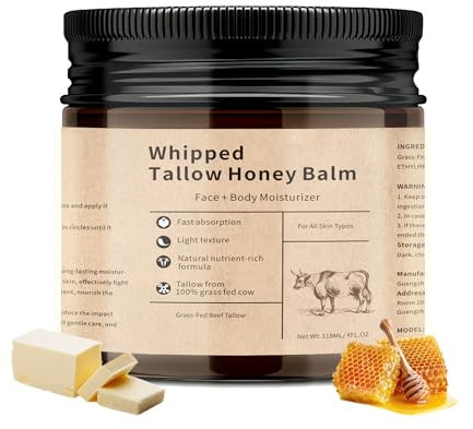 Beef Tallow Skincare, Bio Tallow Face Cream, Grassgefüttert Rindertalg Creme mit Honig Bienenwachs, Tiefenwirksam Pflegend für Trockene Haut im Gesicht & Körper, Schnelle Absorption & Nicht Parfümiert
