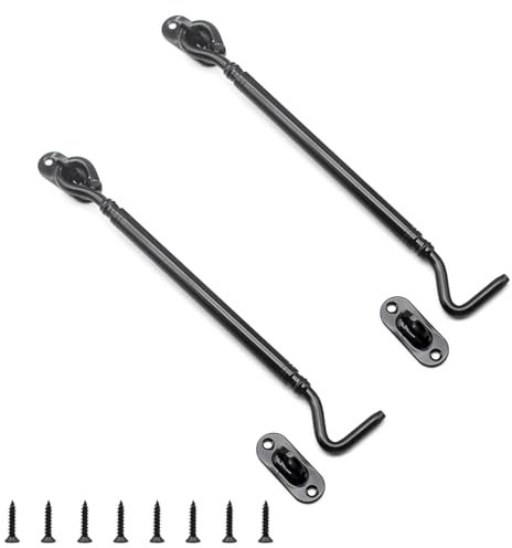 DIYCUT 2 Pezzi Gancio Chiusura Porta Nero, Allacciare Ganci in Acciaio Inossidabile da 205 mm con Occhiello, Gancio Finestra per Persiana Neri, con Chiusura a Vite con Gancio, per Finestre e Porte