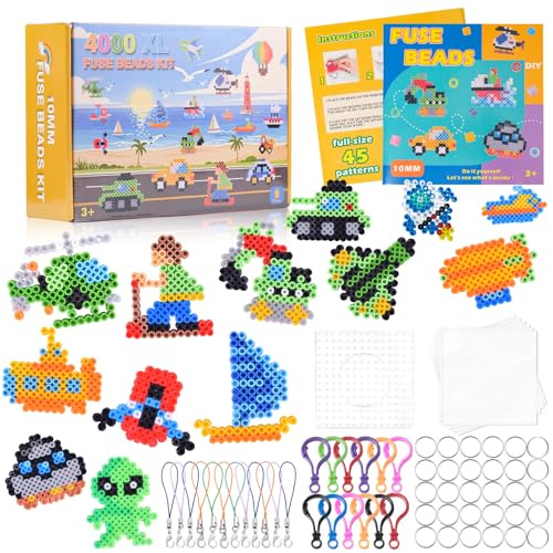 4000 Groß Bügelperlen Set, 15 Bunte Farben 10mm Steckperlen mit 45 Land, See und Luft Verkehrs Thema Muster, Steckplatte, Bügelpapier und Pinzette ab 3 jahre für Kinder Kreatives Perlenset