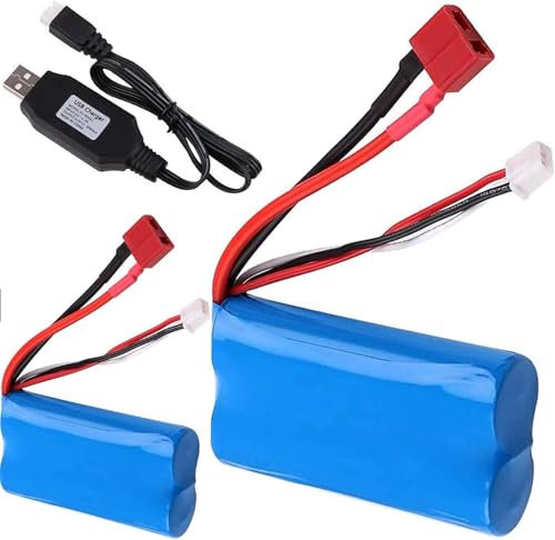 2PCS 7.4V 2000mAh Battery Pack With Deans T Connector & USB Charger, Rechargeable 2S Lithium Battery for WLtoys 4WD High Speed RC Cars and Most 1/10, 1/12, 1/16 Scale RC Cars Trucks