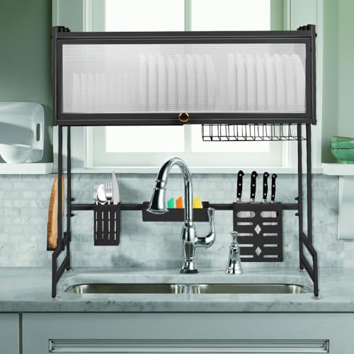 Willonin Égouttoir à vaisselle à 2 étages au-dessus de l'évier - Grand organisateur d'évier en acier inoxydable avec plusieurs paniers - Porte-ustensiles -65*30*78cm - noir