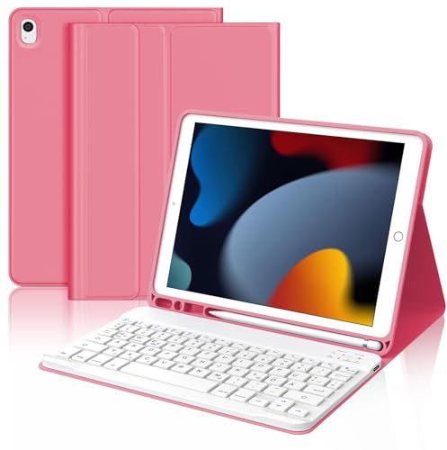 Occtingkind Hülle mit Bluetooth Tastatur für iPad 10,2 7./8./9. Gen, Air 3 und Pro 10.5, Ohne Beleuchtung und Trackpad, Deutsches QWERTZ Layout, Mit Stiftschlitz und Langlebiger Batterie, Korallenrot