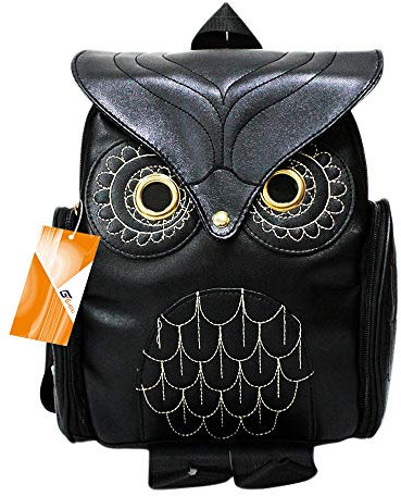 GinTai Damen-Rucksack, PU-Leder, Eulen-Cartoon-Motiv, modisch, lässig, klein, schwarz, Schwarz