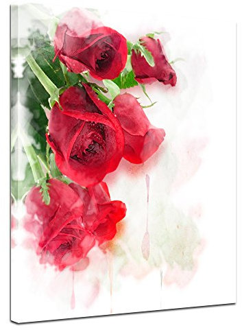 Bilderdepot24 Wandbild - Rote Rosen - Bild auf Leinwand 40 x 50 cm einteilig - Leinwandbilder Bilder als Leinwanddruck Pflanzen & Blumen Malerei - Zeichnung - Rosenblüten