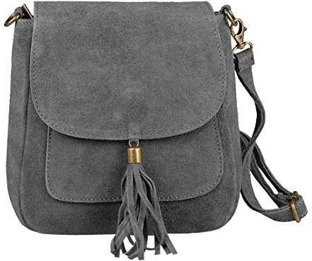 Made in Italy Damen Leder Tasche Messenger Bag Henkeltasche Wildleder Handtasche Umhängetasche Ledertasche Schultertasche Beuteltasche Fransen Cross-Over Dunkelgrau