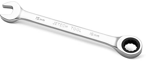 Jetech 15 mm Llave de engranaje de trinquete combinada, llave de engranaje de acero Cr-V de grado industrial métrica en acabado de cromo pulido