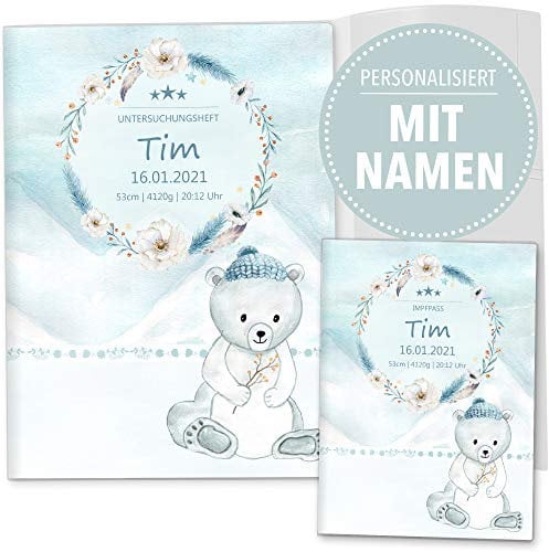 OLGS U-Heft und Impfpasshülle Set | Nordpol | Untersuchungsheft- 3-teilig & Impfpass Hülle personalisierte Geschenke Baby | Babygeschenke zur Geburt (U-Heft Set 3-teilig personalisiert, Bär)