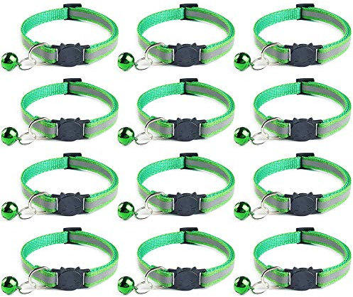 Tafeiya 12x Reflective Design Adjustable Cat Collars More Safety Quick Release Safety Buckle with Bell (Grass Green)