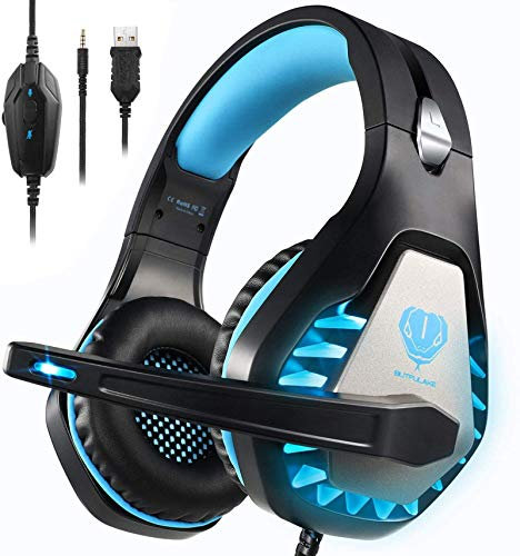 Butfulake Pro - Auriculares estéreo para juegos para Xbox One, Xbox One S, PS4, PC, Nintendo Switch, Mac, ordenador portátil, con cable de luz LED y micrófono con cancelación de ruido, color azul