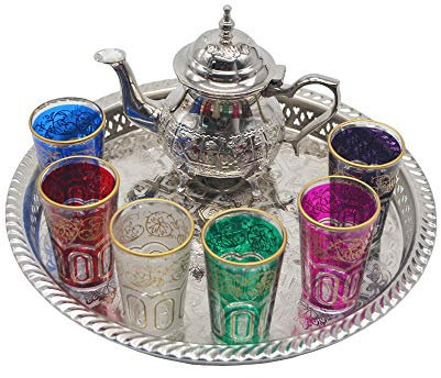 Juego de té marroquí completo, Tetera con Patas de 400 ml, Bandeja con patas de 32 cm diámetro y 6 Vasos de Colores