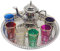 Set da tè marocchino completo, teiera con gambe da 400 ml, vassoio con gambe da 32 cm di diametro e 6 bicchieri colorati