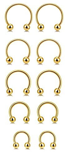AllerPierce 5 Paar Hufeisen Nasenring Lippenpiercing aus Edelstahl 16ga Circular Barbell Septum Ring Helix Tragus Ohrringe Piercing Schmuck für Frauen Männer 6-14mm (Gold)