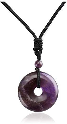 JSDDE Natural Amethyst Crystal Donut Pendant Necklace Reiki Healing Stone Lucky Coin Necklaces for Women Men Gift
