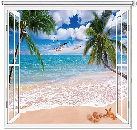 oiakus Blackout Roller Shades, 3D Beach Sea View Patterned Blackout Blind, Thermal Insulated Window Roller Shades, Easy To Install, for Living Room Kitchen Bathroom Bedroom Office