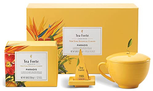 Tea Forte Paradis Coffret cadeau avec tasse à café, plateau à thé et 10 sachets à thé pyramidaux fabriqués à la main