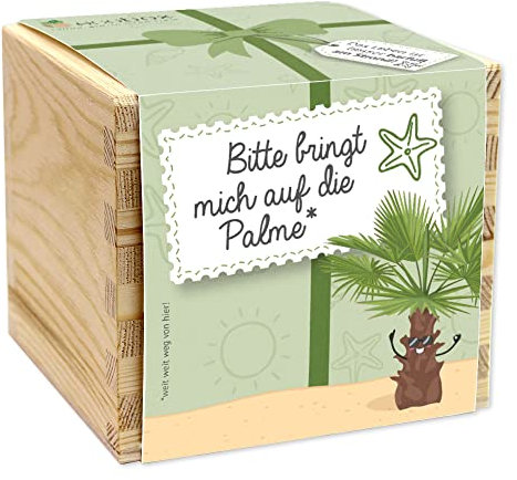 Feel Green - WE CREATE NATURE ecobox, Bitte bringt Mich auf die Palme, Pflanzen Aus Der Holzbox 11x11x10cm, Made in Austria, Nachhaltige Geschenkidee, Grow Your Own/Anzuchtset