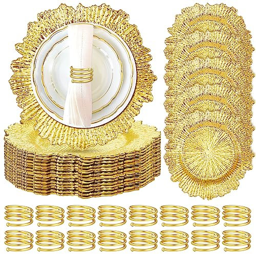 Set mit 48 Ladegeräten und Serviettenringen Kunststoff Gold Ladegeräte für Speiseteller Metall Feder Serviettenhalter für Stoffservietten Hochzeit Erntedankfest Geburtstag Dinner Party Event Tisch