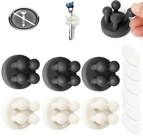 AOT 6 Stück Klebehaken Wandhaken Silikon, Haken Selbstklebend, Elastischen Kabelhalter, Schlüsselhaken, Stifthalter, Rasierer Halterung Dusche für Bad, Küche(Schwarz + Weiß)
