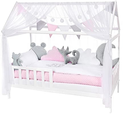Baby Delux Kinderbett Juniorbett Komplett Set Hausbett 140x70 cm weiß Lattenrost inkl. Bettwäsche und Deko (Princess)