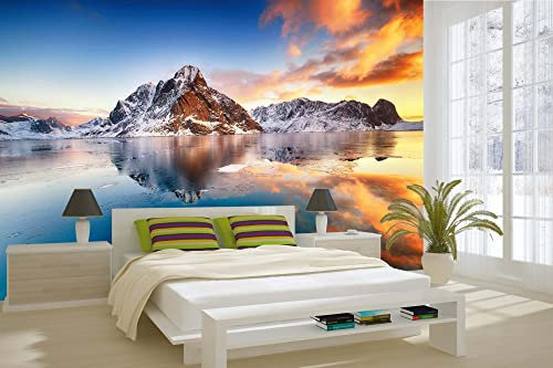 Vlies Fototapete NORWEGISCHE LOFOTEN 375 x 250 cm (inkl. Kleister) - Vlies Tapete, Wandtapete, Wandbilder - Tapete für Wohnzimmer Schlafzimmer, Büro, Küche - Montagefertig