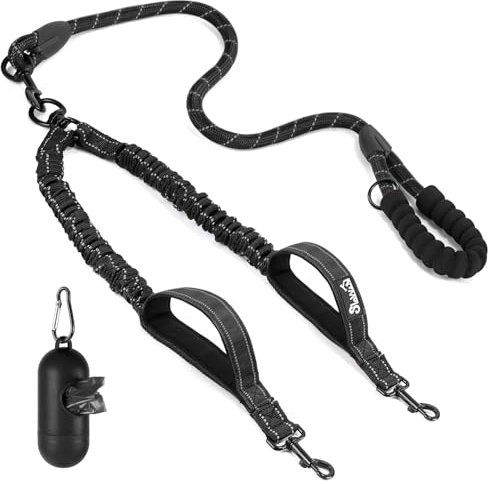 SlowTon Double Dog Lead for Walking 2 dogs No Tangle - 360° Swivel Heavy Duty Reflective Adjustable Dual Splitter with Soft Padded Handle, Comfortable Shock Absorbing Leash for Small Medium Dogs