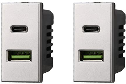 2 pièces module prise chargeur USB 2 ports 3,1 A USB-A + USB Type C, compatible avec Bticino Axolute (Gris)