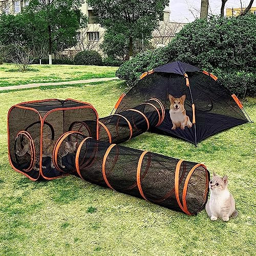 SHAIRMB Tunnelzelt für Katzen und Hunde, DIY faltbar Haustierzelt, Draussen Aufpoppen Haustier-Laufstall, 4-in-1-Katzengehege für den Außenbereich mit Katzentunnel