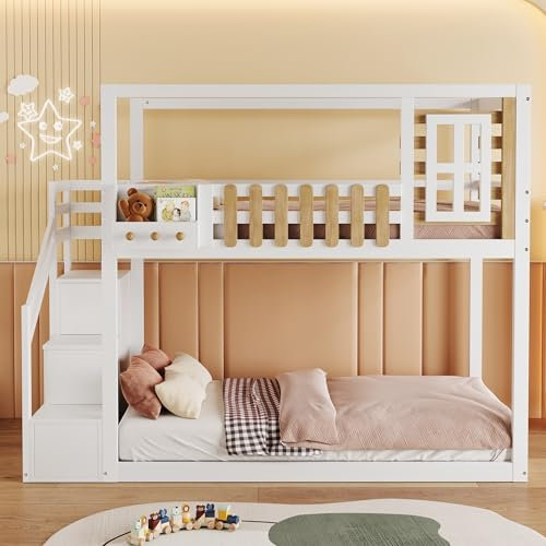 ZYLOYAL10 90 * 200cm Kinderhochbett mit Stauraumtreppe (Mit Ablageschrank - Weiß)