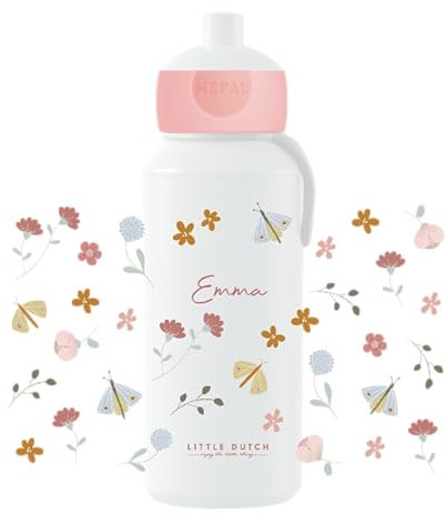 Mepal Little Dutch Bouteille d'eau pop-up Campus - Bouteille d'eau personnalisée avec nom pour enfants - Bouteille anti-fuite pour l'école - Sans BPA et passe au lave-vaisselle - 400 ml - Fleurs et