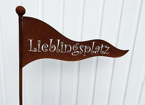 STEINFIGURENWELT GIEBEN Fahne Lieblingsplatz zum Stecken 44x21cm + Stab Edelrost Gartenstecker Gartendeko Rost Tafel Spruchtafel Metall Geschenk