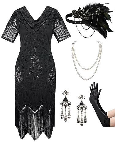 SWEETV 20er Jahre Kostüm Damen Gatsby Kleid Damen,1920er Kleider Mit Accessoires Charleston Kleid 20er Jahre