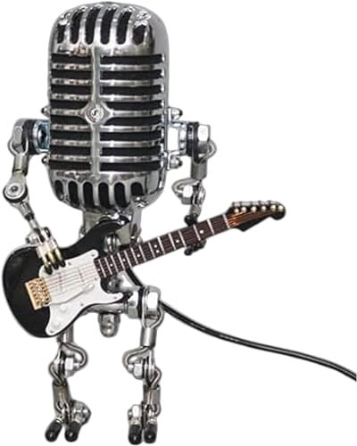 AFGQIANG Vintage Microphone Robot Desk Lamp, Metal Microphone Robot Lamp with Mini Guitar, Vintage Light Home Decor Nightstand Desk Lamp for Bedroom, Bar, Restaurant (Black)