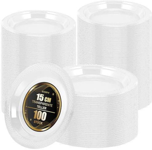 EOGRFW 100 Piatti Trasparenti Riutilizzabili, 15 cm, Rotondi, Piccoli, in Plastica Rigida per Feste, Matrimoni, Compleanni, Natale - Eleganti e Stabili