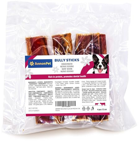 ANNONPET® Nervo di Bue Snack per Cani ricchi di proteine ideali da masticare come dental stick per cani Bastoncini Cane Masticativi per cani 4 PEZZI DA 12 CM